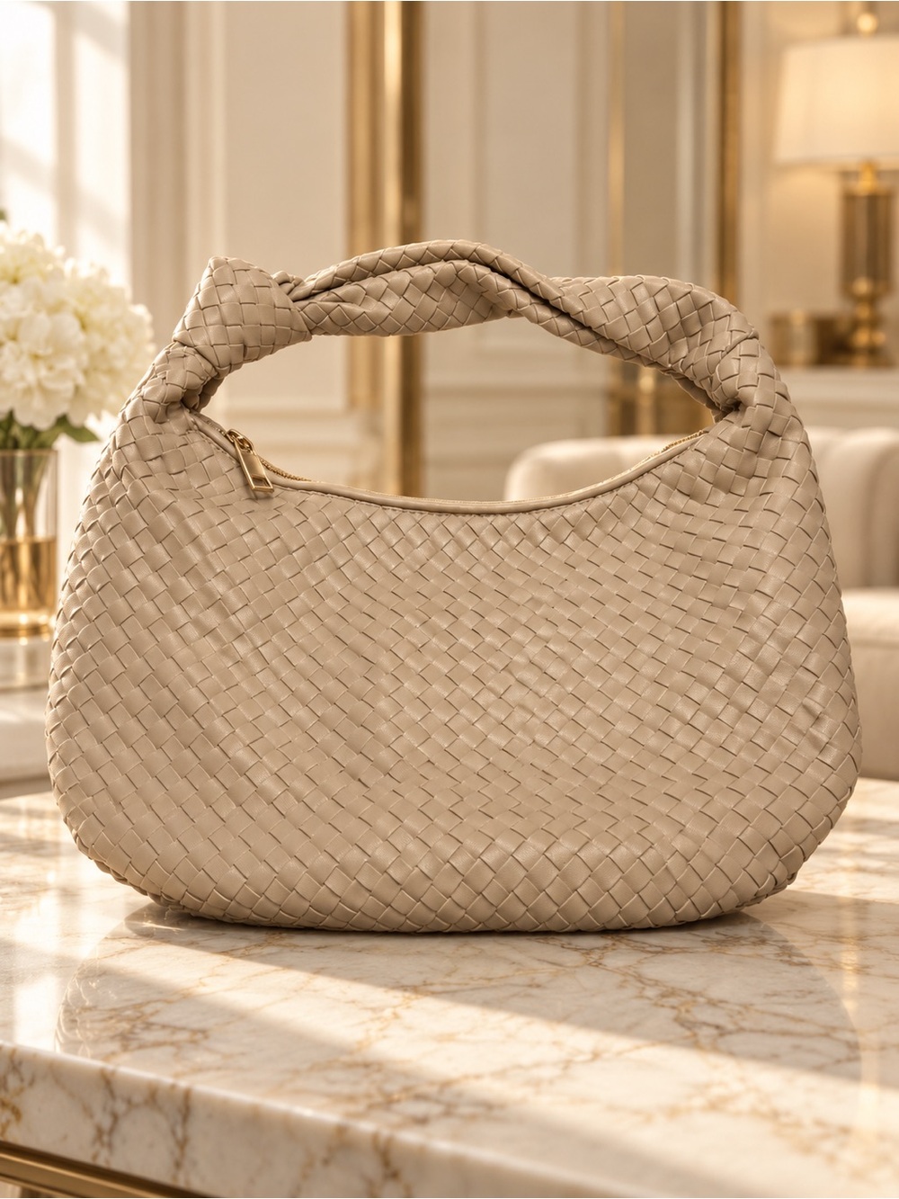 Melie Bianco Beige Woven Hobo Shoulder Bag Double Knot Handle